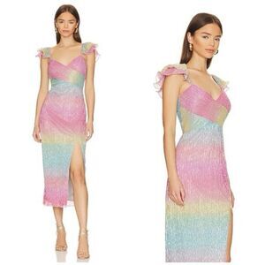 🆕 Saylor Myrah Metallic Rainbow Ombré Flutter Sleeve Midi Cocktail Dress